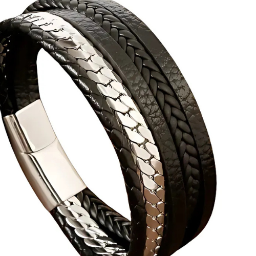 Braided leather and stainless steel bracelet close-up – The Crew