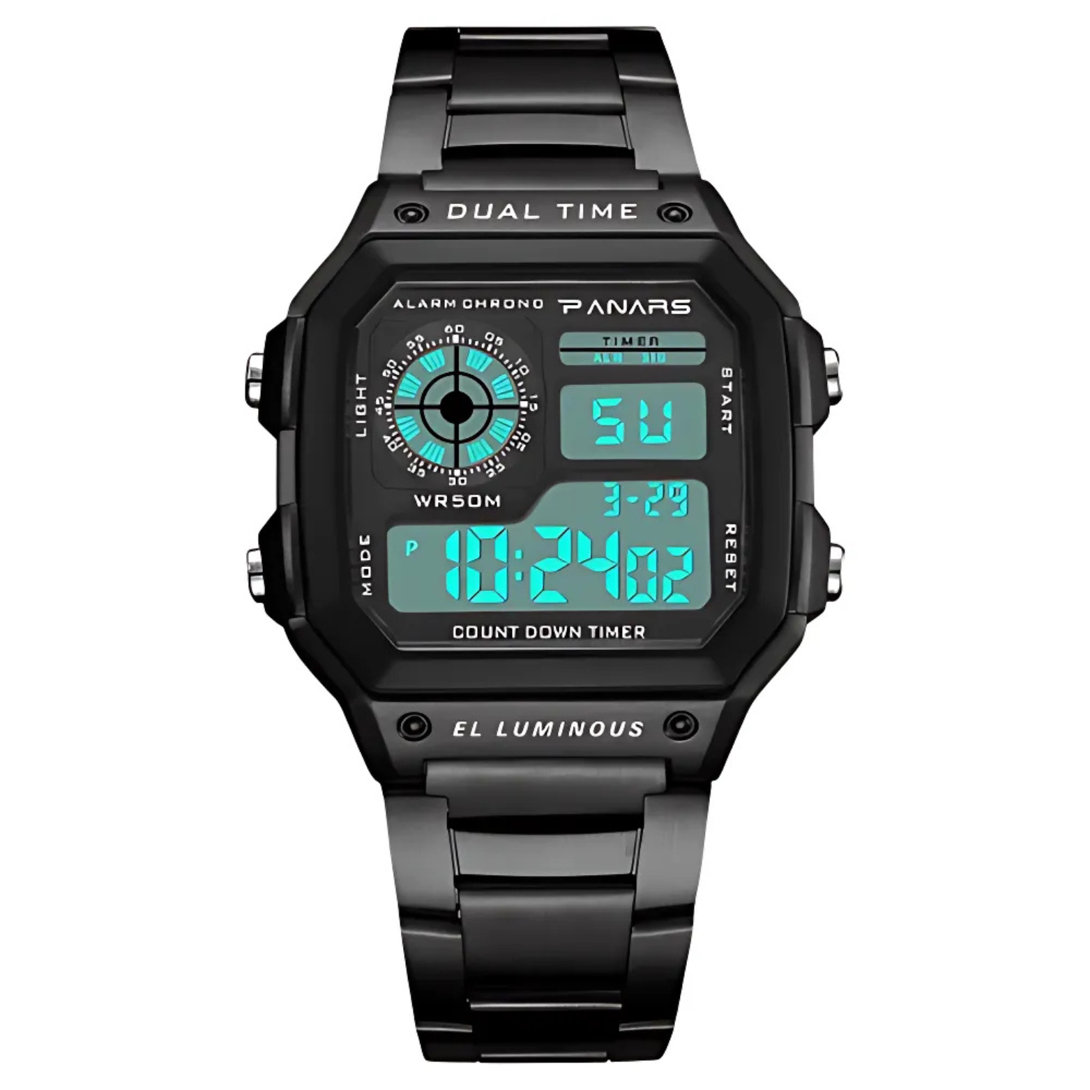 PANARS Black Stainless Steel Digital Watch Front View – The Crew