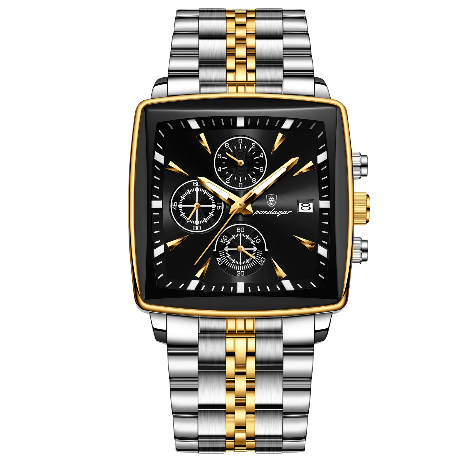 POEDAGAR 866-G Square Chronograph Black Dial Gold Bracelet – The Crew
