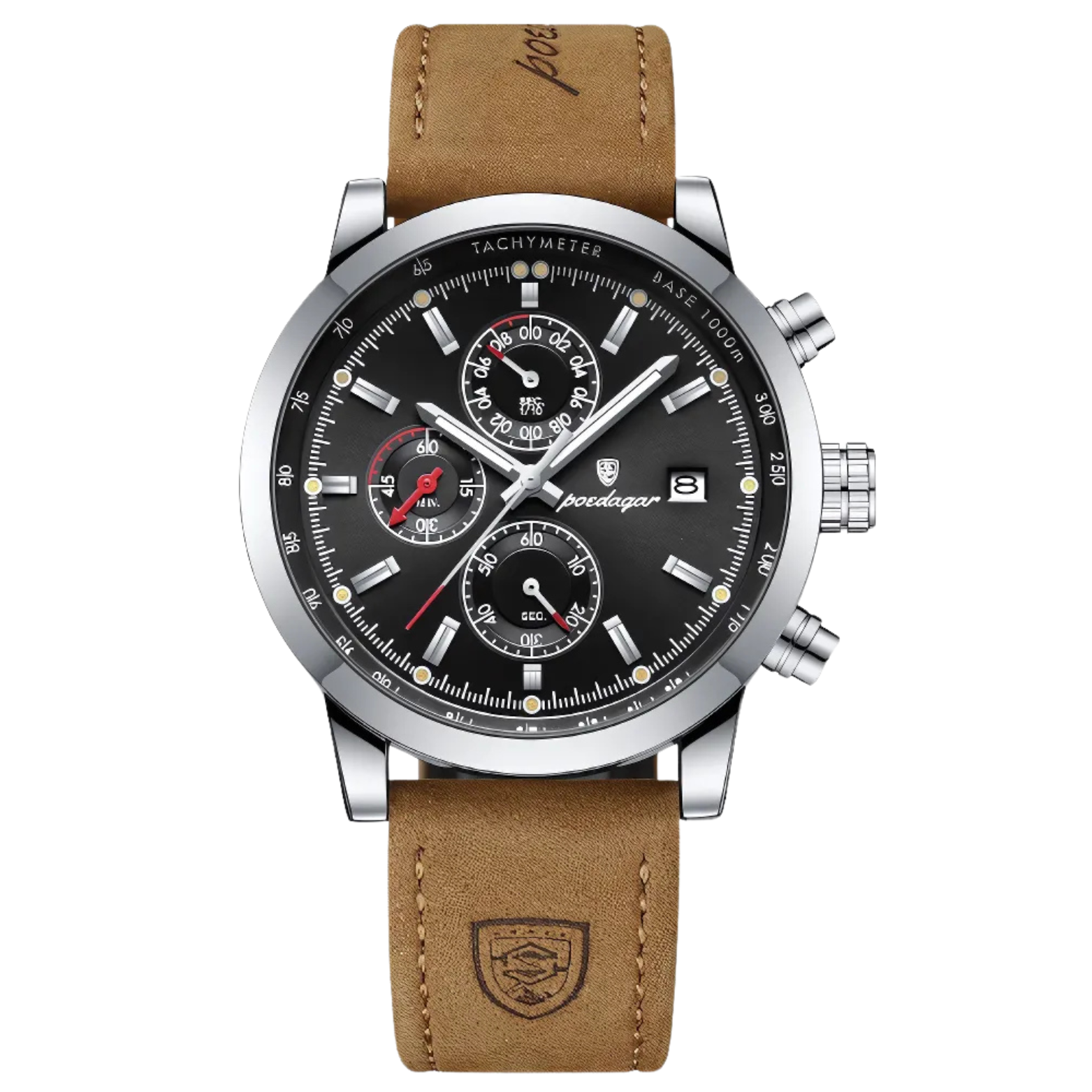 POEDAGAR 932 Leather Chronograph Black Dial Front – The Crew