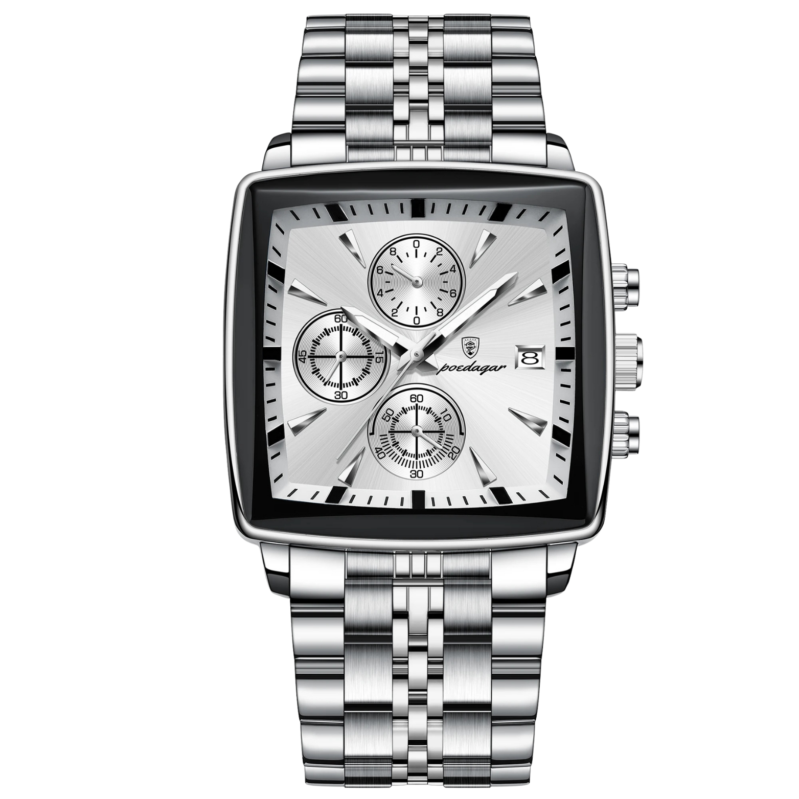 POEDAGAR 866-G Square Chronograph Silver Dial Front – The Crew