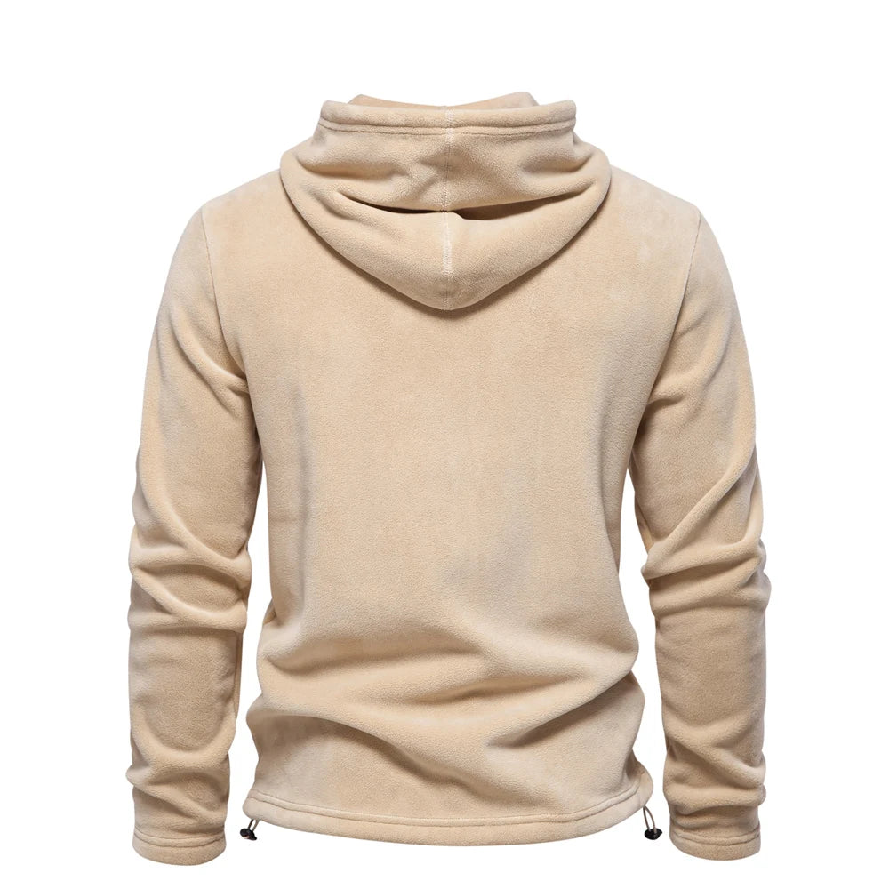 Beige winter fleece hoodie back view men – The Crew
