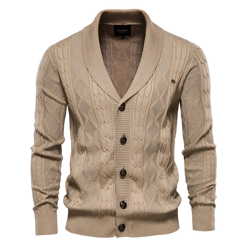 Men’s Beige Diamond Knit Cotton Cardigan – The Crew