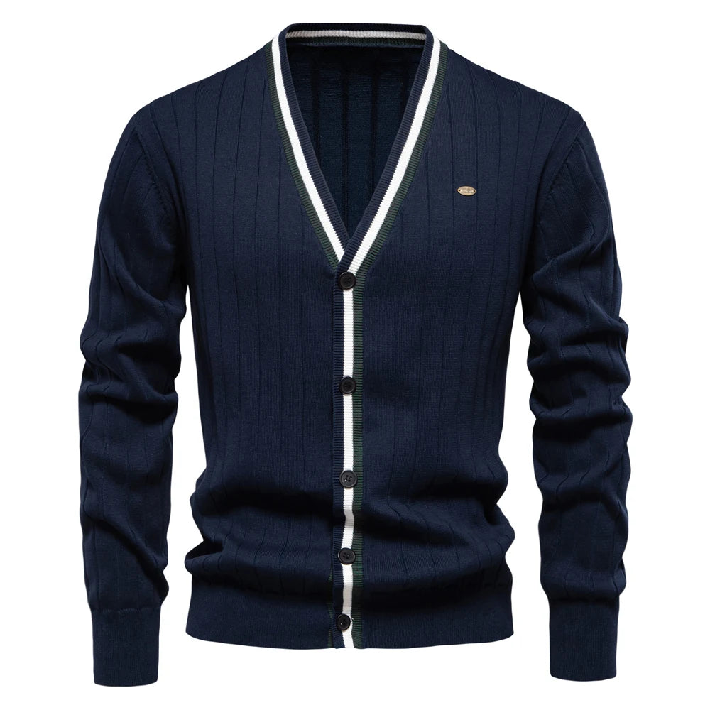 Men’s Navy V Neck Cotton Cardigan – The Crew