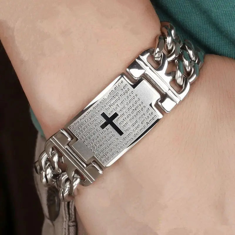 Men wearing wide Cuban steel bracelet on wrist – The Crew