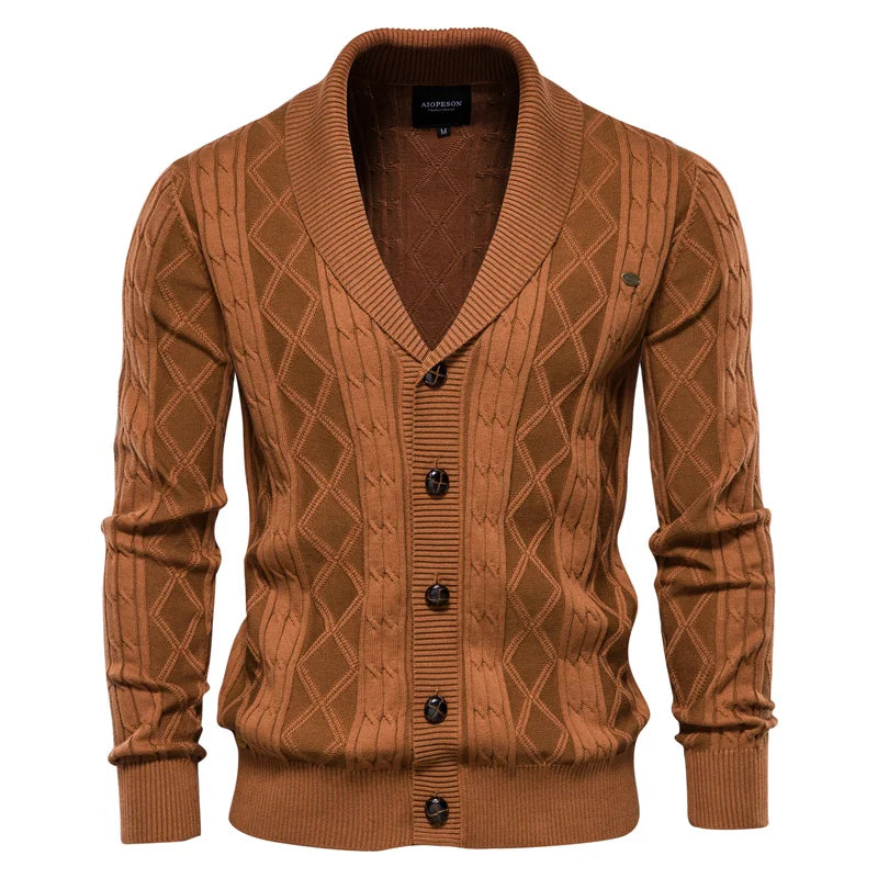 Men’s Brown Diamond Knit Cotton Cardigan Front View – The Crew