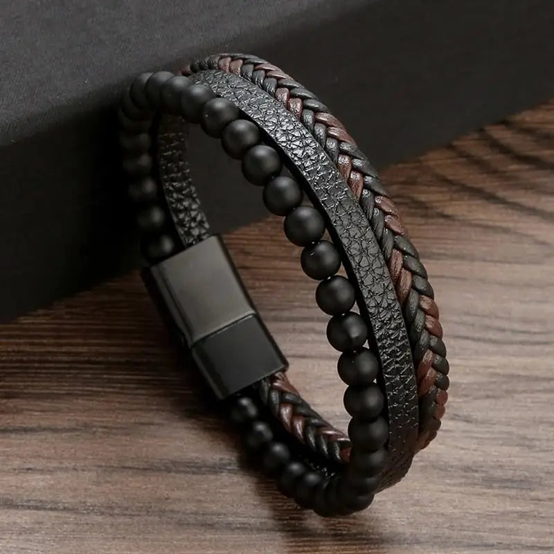 Black braided leather bracelet with texture detail – The Crew