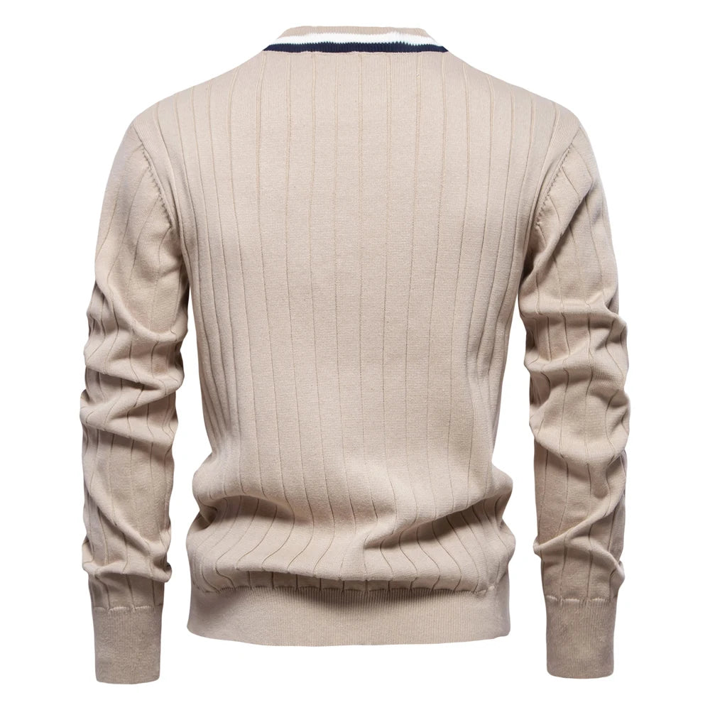 Men’s Beige V Neck Cotton Cardigan Back View – The Crew