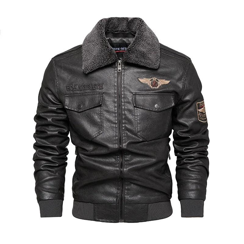 Black biker jacket front view men – The Crew