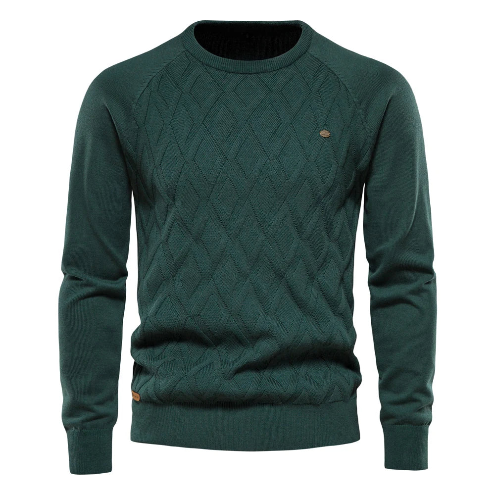 Men’s Green Diamond Knit Cotton Sweater – The Crew