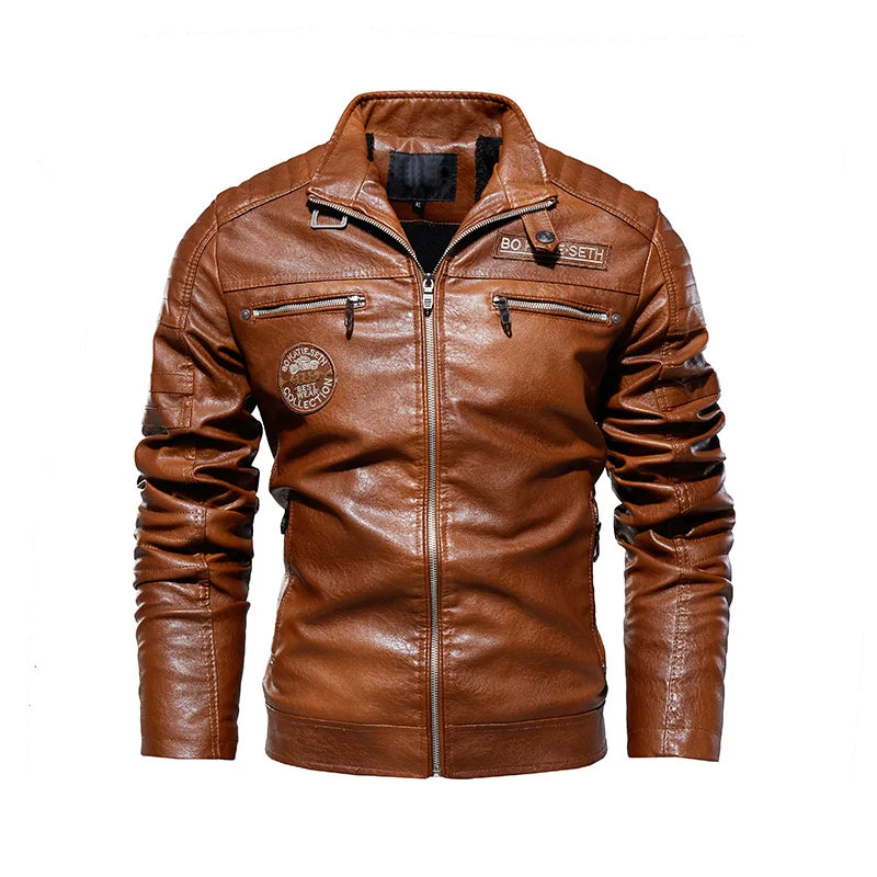Brown faux leather biker jacket front – The Crew