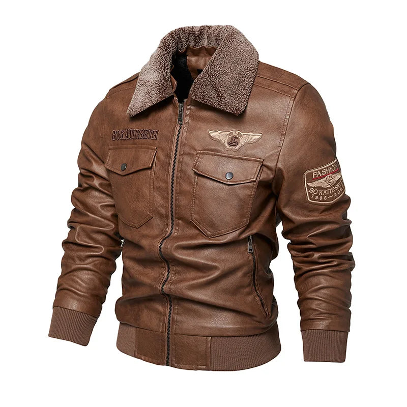 Brown biker jacket faux leather front view – The Crew