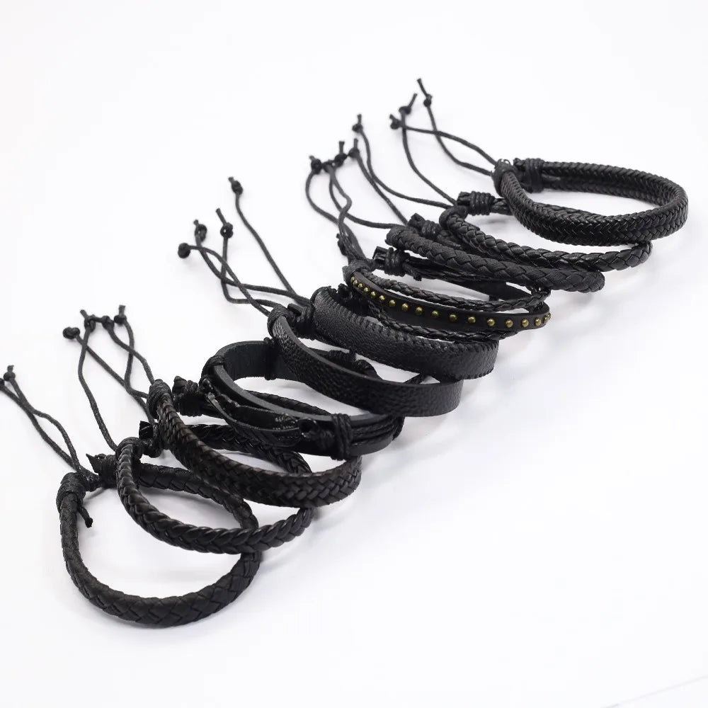 Brown leather bracelet set top view – The Crew