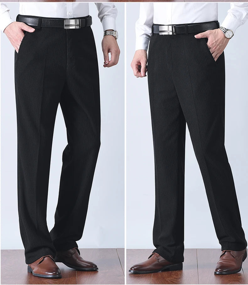 Men wearing black corduroy pants side – The Crew