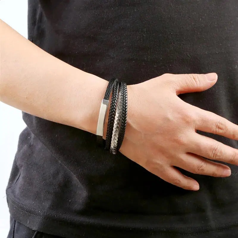 Men wearing leather steel bracelet casual – The Crew