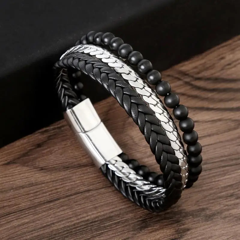 Black leather braided bracelet product shot – The Crew