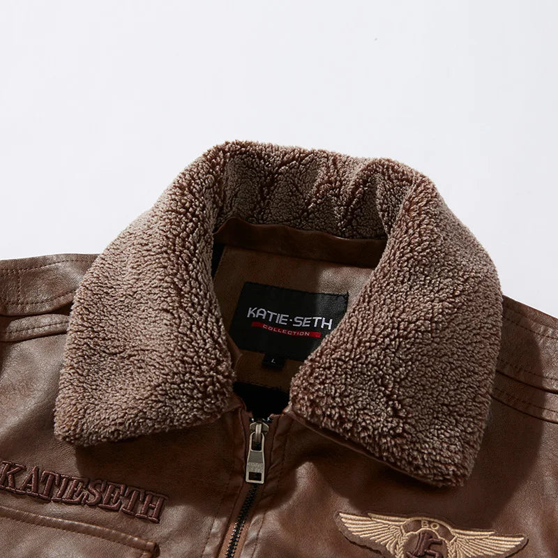 Fur collar detail biker jacket close-up – The Crew