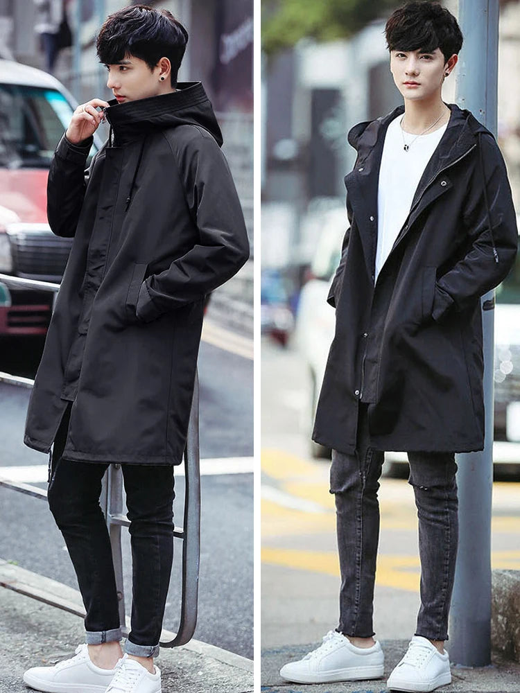 Men black hooded trench coat street outfit look – The Crew