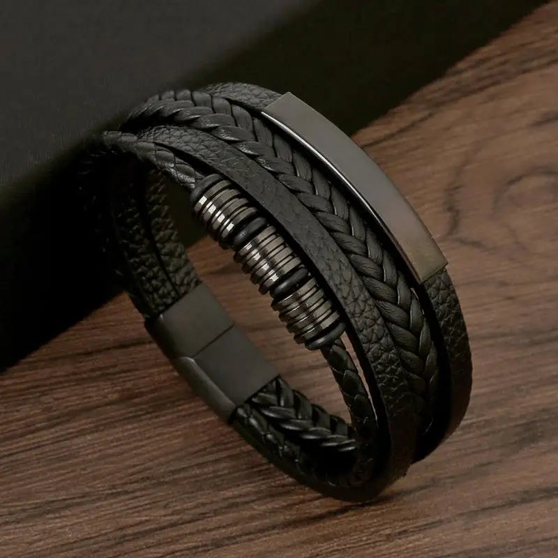 Men wearing leather bracelet front view – The Crew