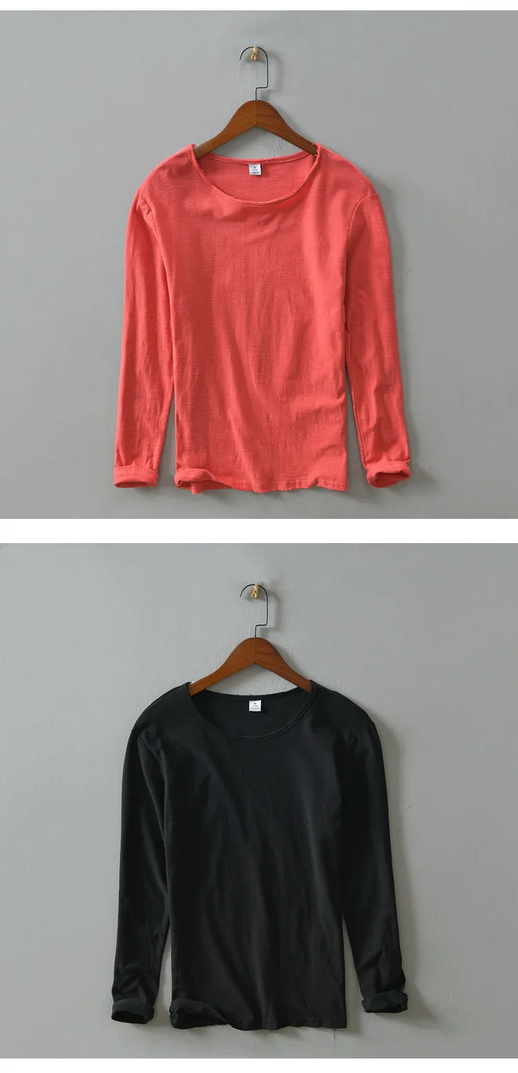 Men’s long sleeve cotton T-shirt front coral – The Crew
