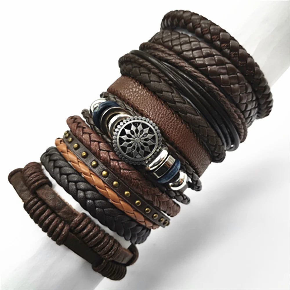 Tan leather bracelet multi-layer set – The Crew