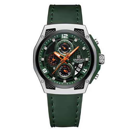 NAVIFORCE NF8051L Leather Chronograph Silver Green Dial Green Strap – The Crew