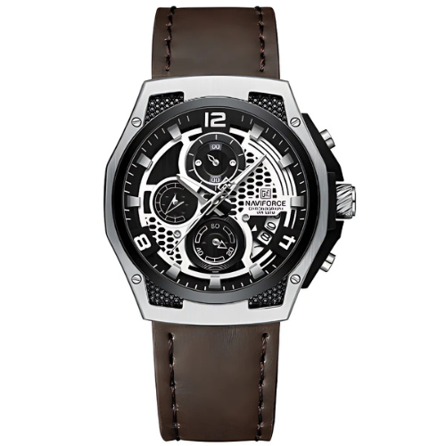 NAVIFORCE NF8051L Leather Chronograph Black Dial Brown Strap – The Crew
