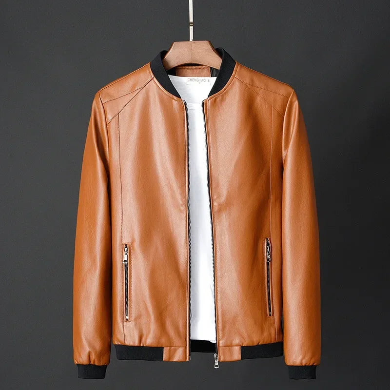 Brown PU leather biker jacket hanging – The Crew
