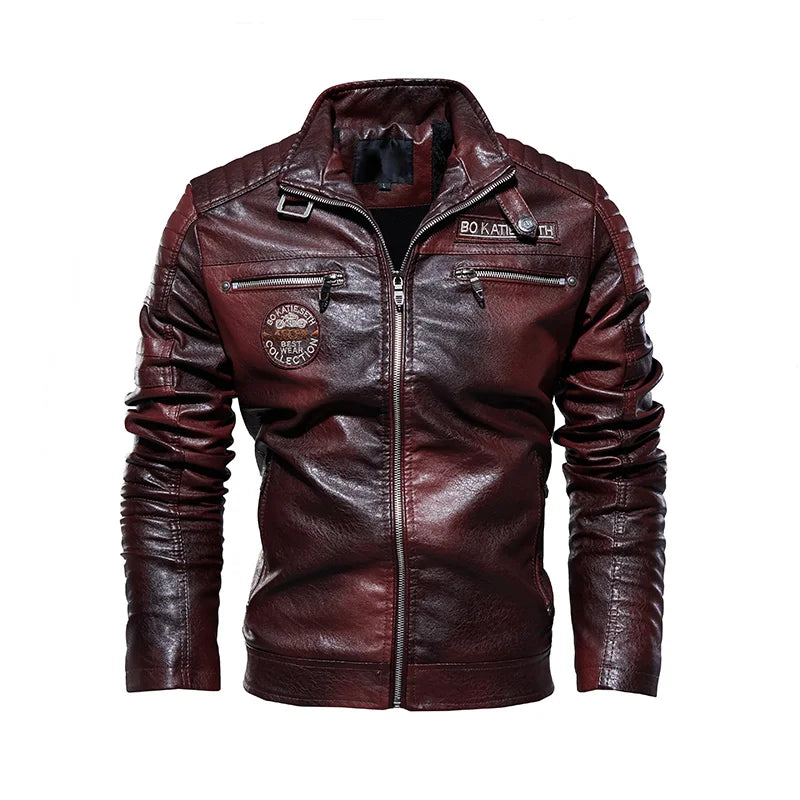 Burgundy faux leather biker jacket front – The Crew