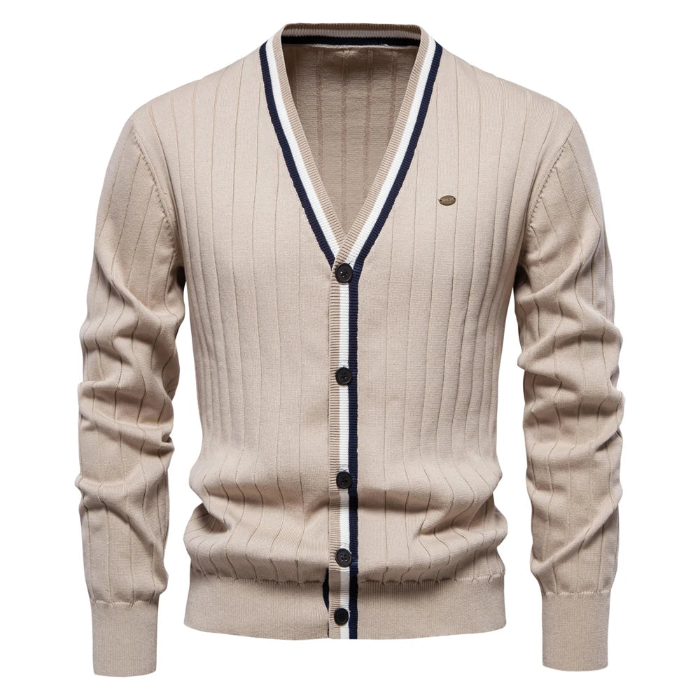 Men’s Beige V Neck Cotton Cardigan – The Crew