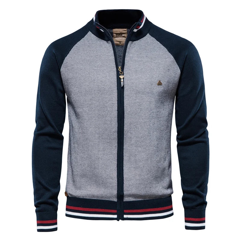 Navy and gray patchwork zip cardigan men front – The Crew