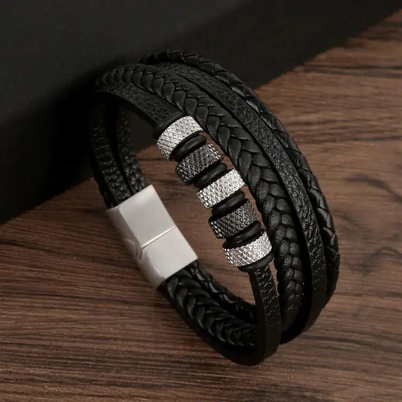 Black braided leather bracelet product shot – The Crew