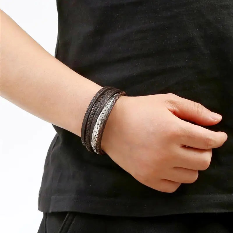 Men wearing black leather bracelet side – The Crew