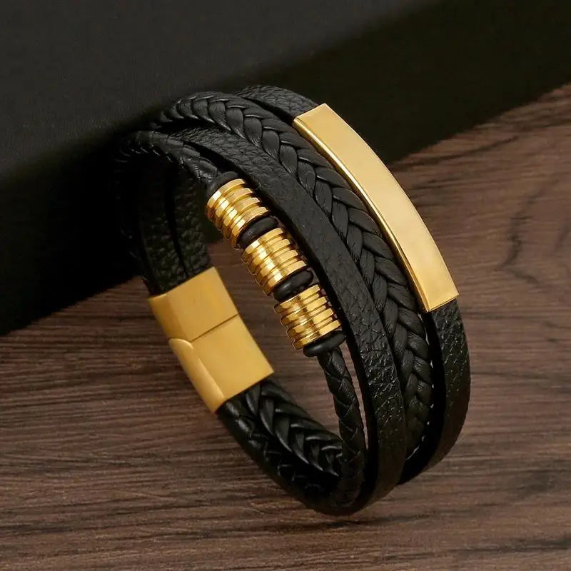 Black leather bracelet with gold magnetic clasp – The Crew