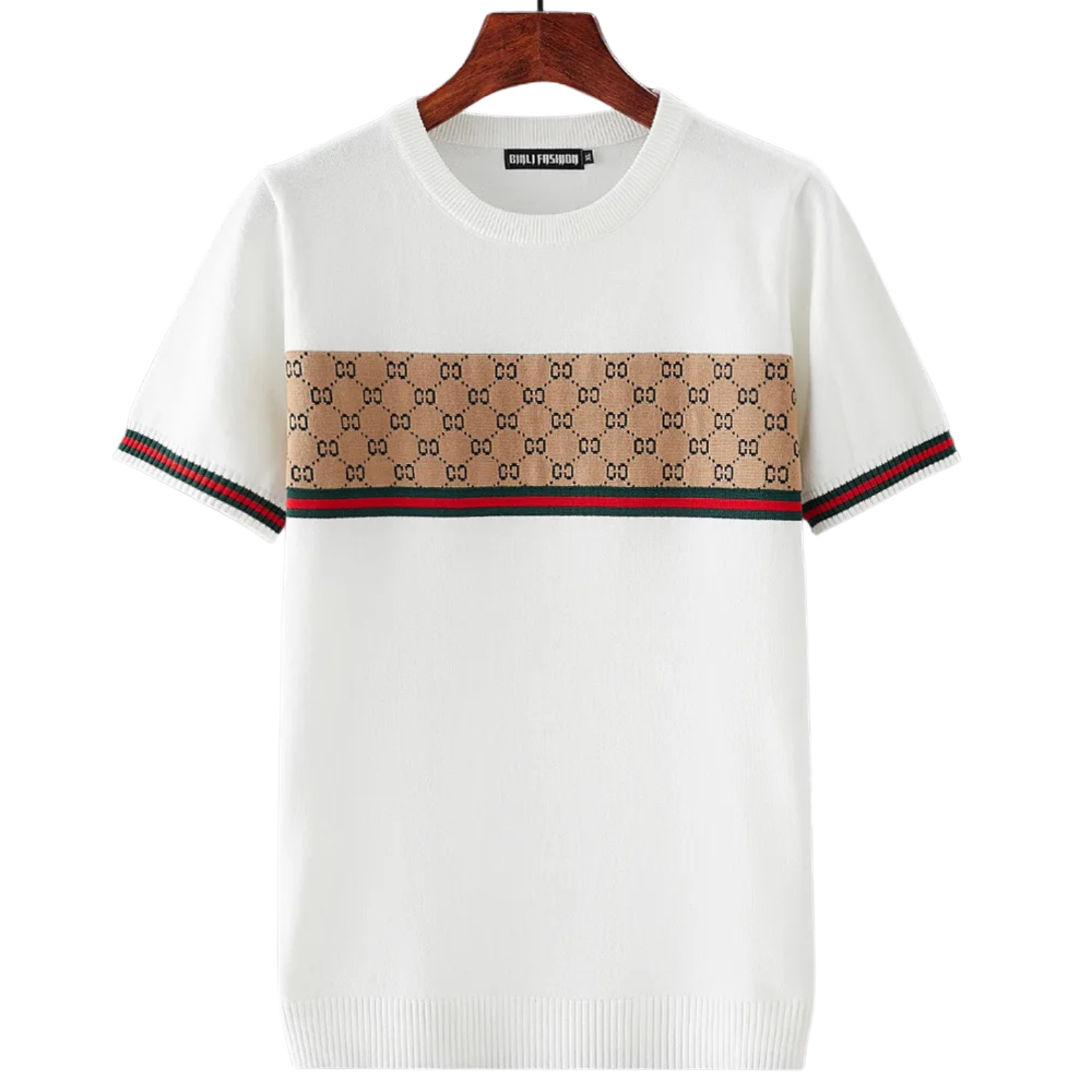 White Cotton Knit T-Shirt with Geometric Band – The Crew
