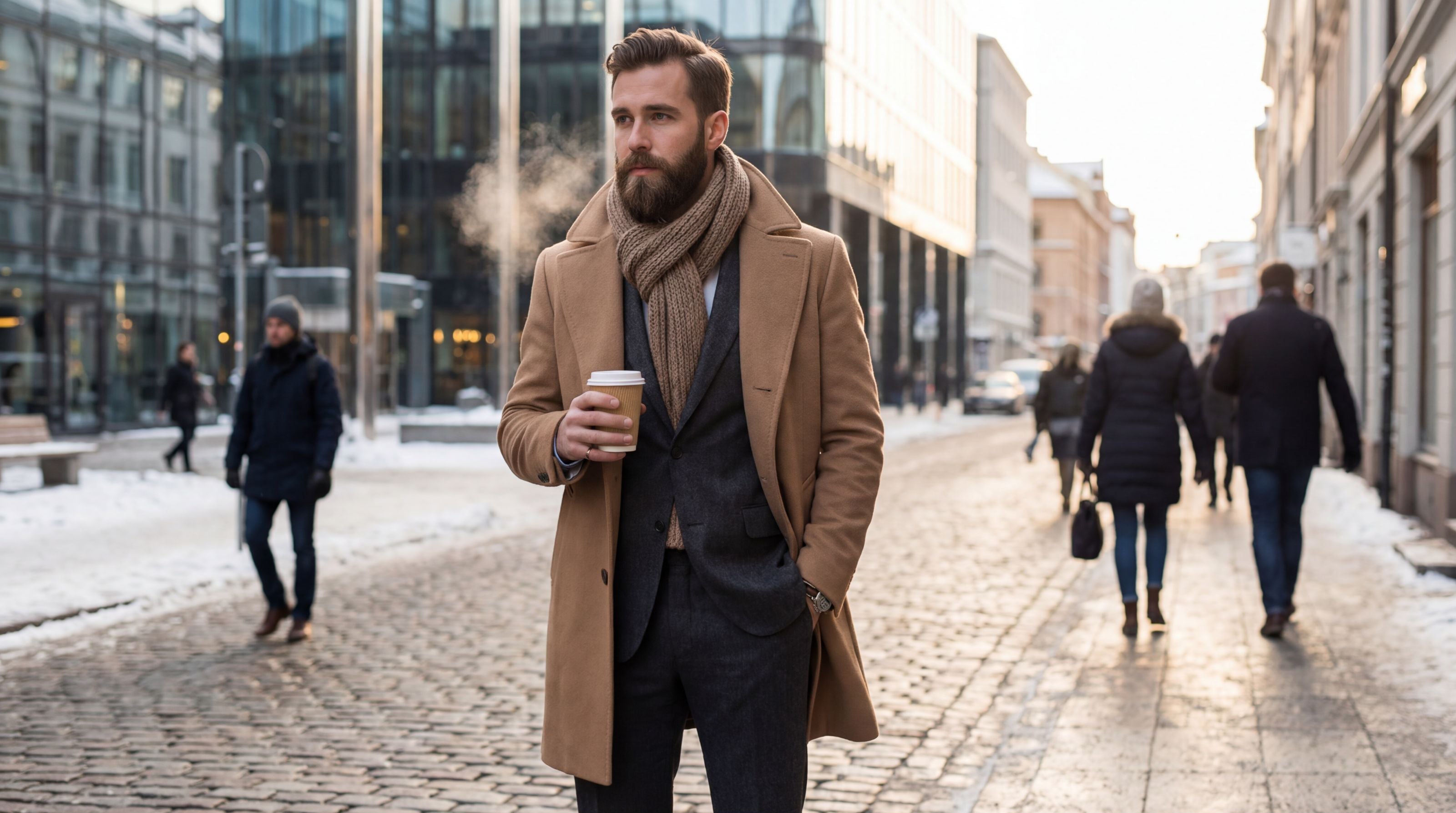 Man wearing a premium men’s trench coat for winter, walking in a city street with elegant and modern style.
