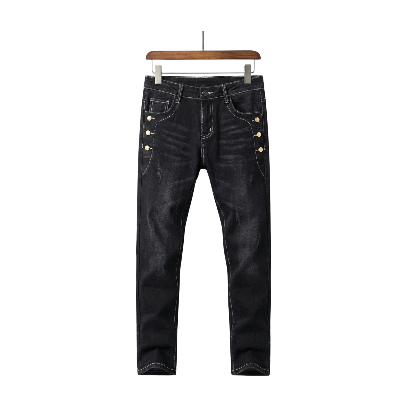 Men slim skinny button jeans black front view – The Crew