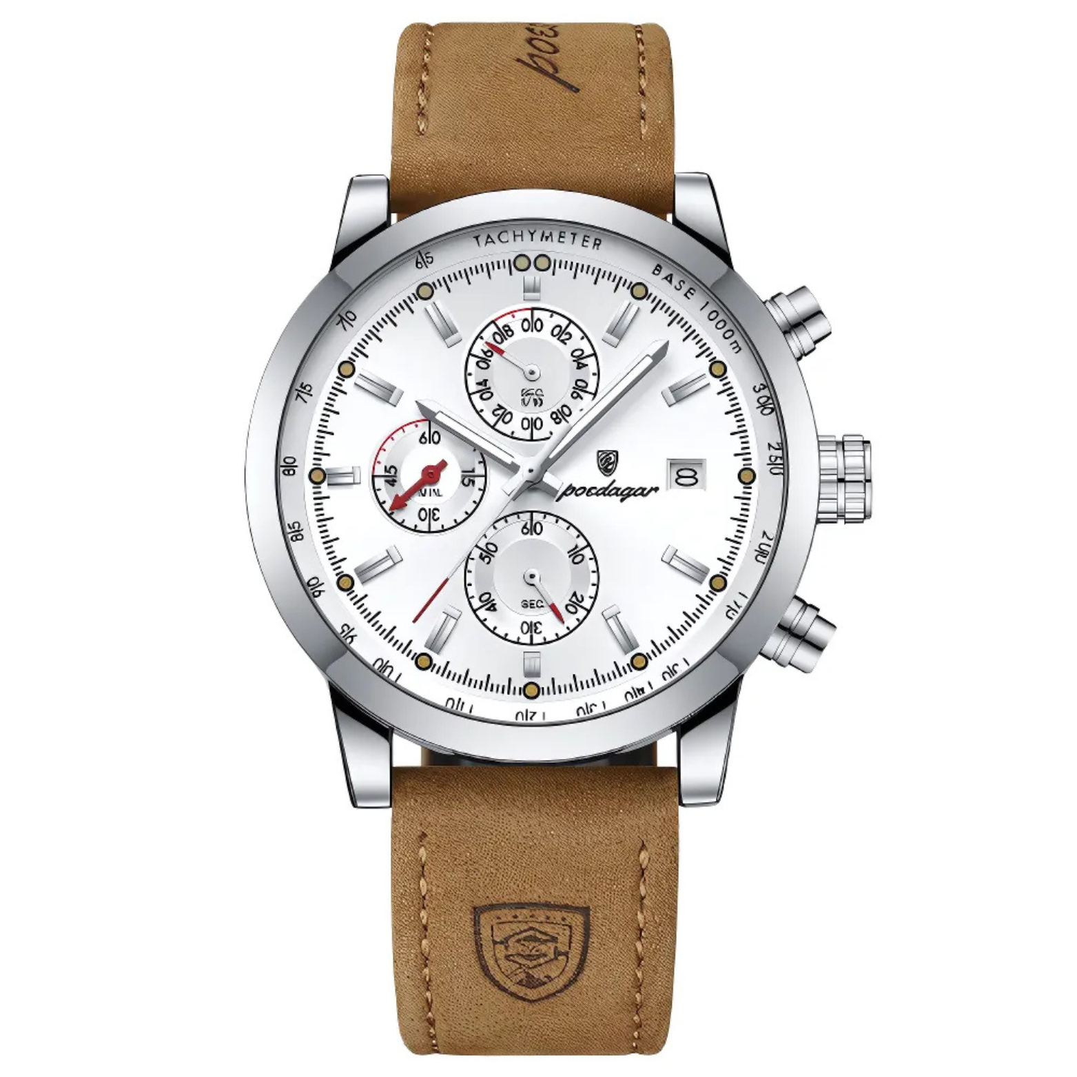 POEDAGAR 932 Leather Chronograph Silver Dial Front – The Crew