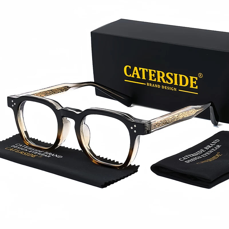 Thick black Caterside optical glasses with tortoiseshell details, accompanied by the black branded box and cloth.