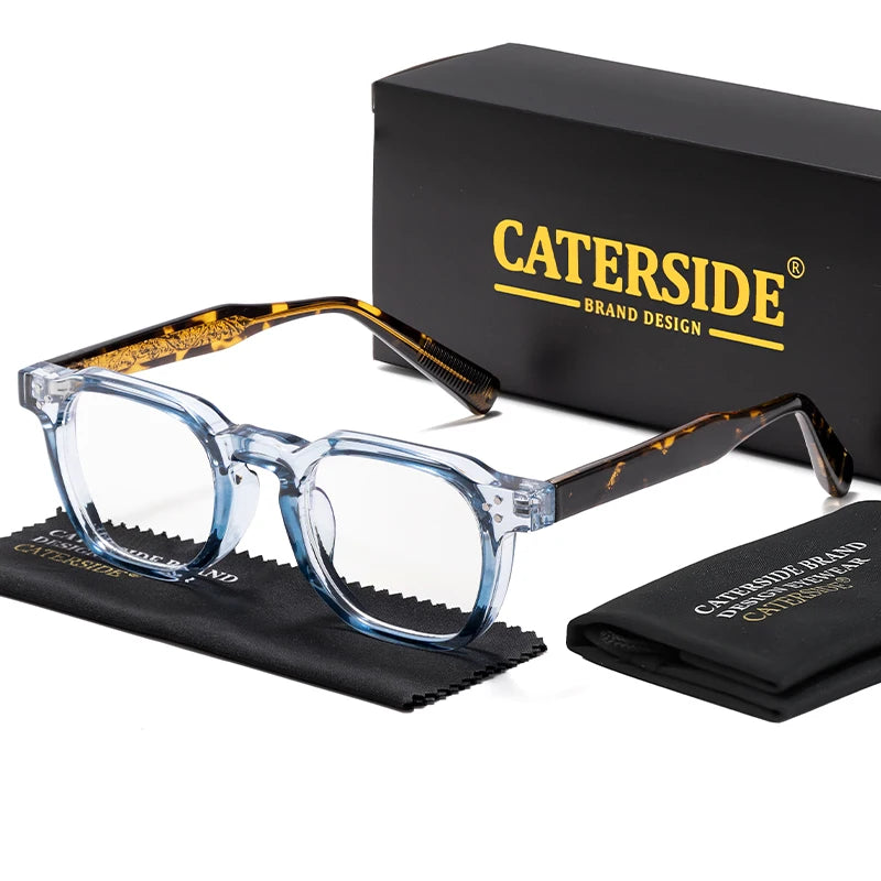 Caterside blue translucent square eyeglasses with tortoiseshell temples, displayed with branded black box and cleaning cloth.