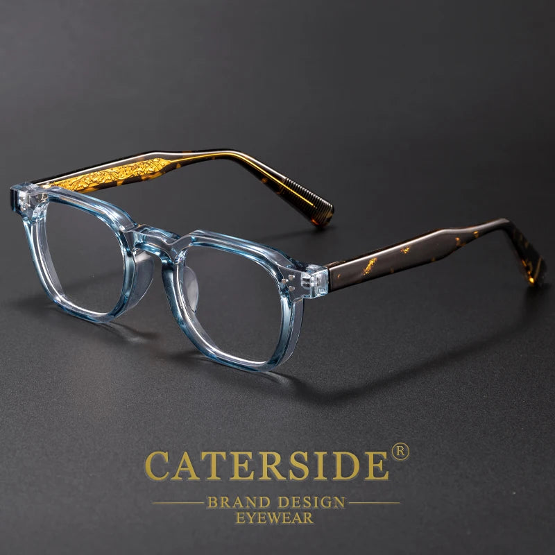 Caterside translucent blue square reading glasses presented on a dark grey studio background.