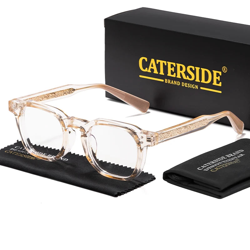Translucent champagne Caterside eyeglass frames shown alongside the official black box and microfiber cloth.