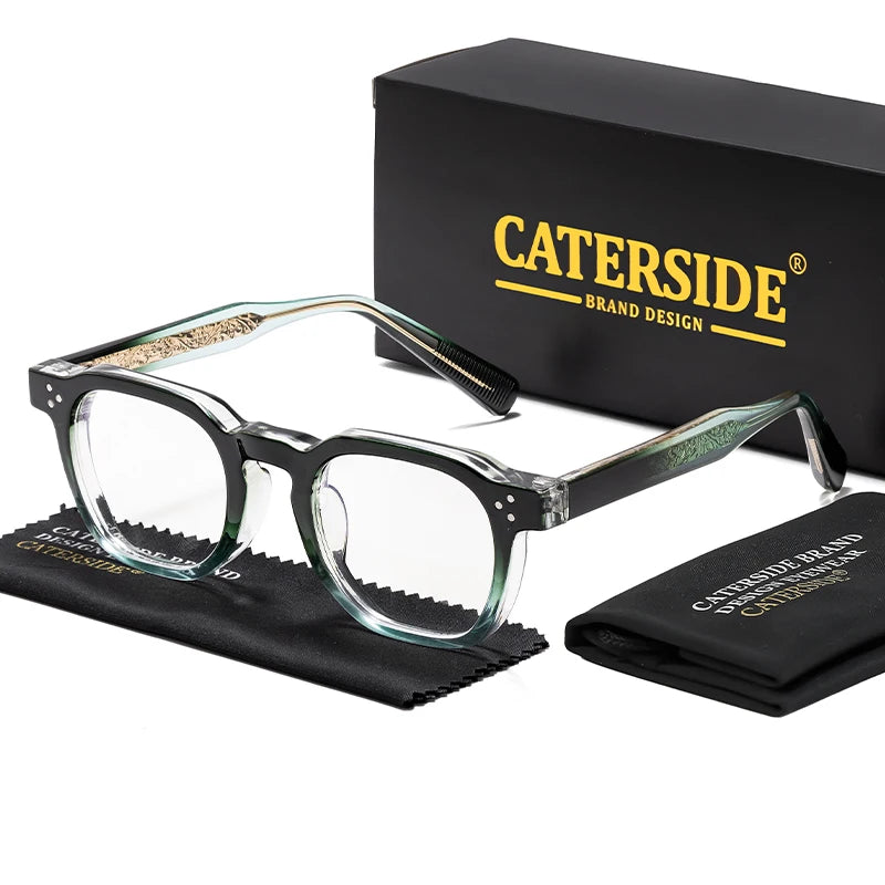 Caterside modern eyeglasses with a green gradient frame, shown with the official black packaging box and microfiber cloth.