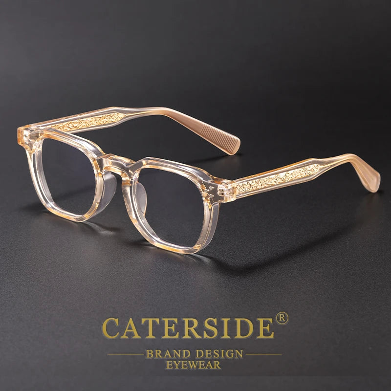 Sand-colored retro style Caterside spectacles resting on a dark background.