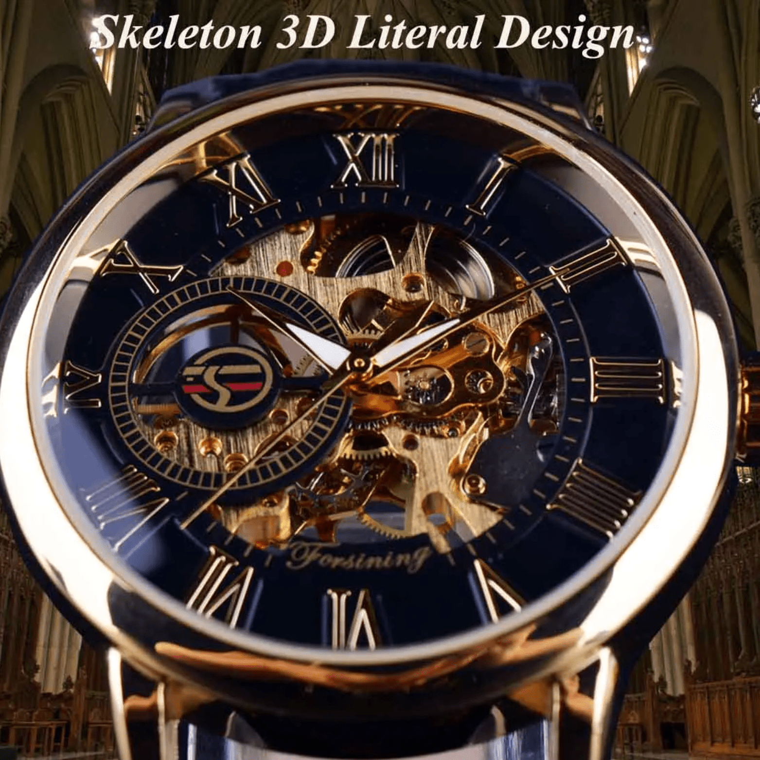 FORSINING Black Gold Skeleton Watch for Men - The Crew
