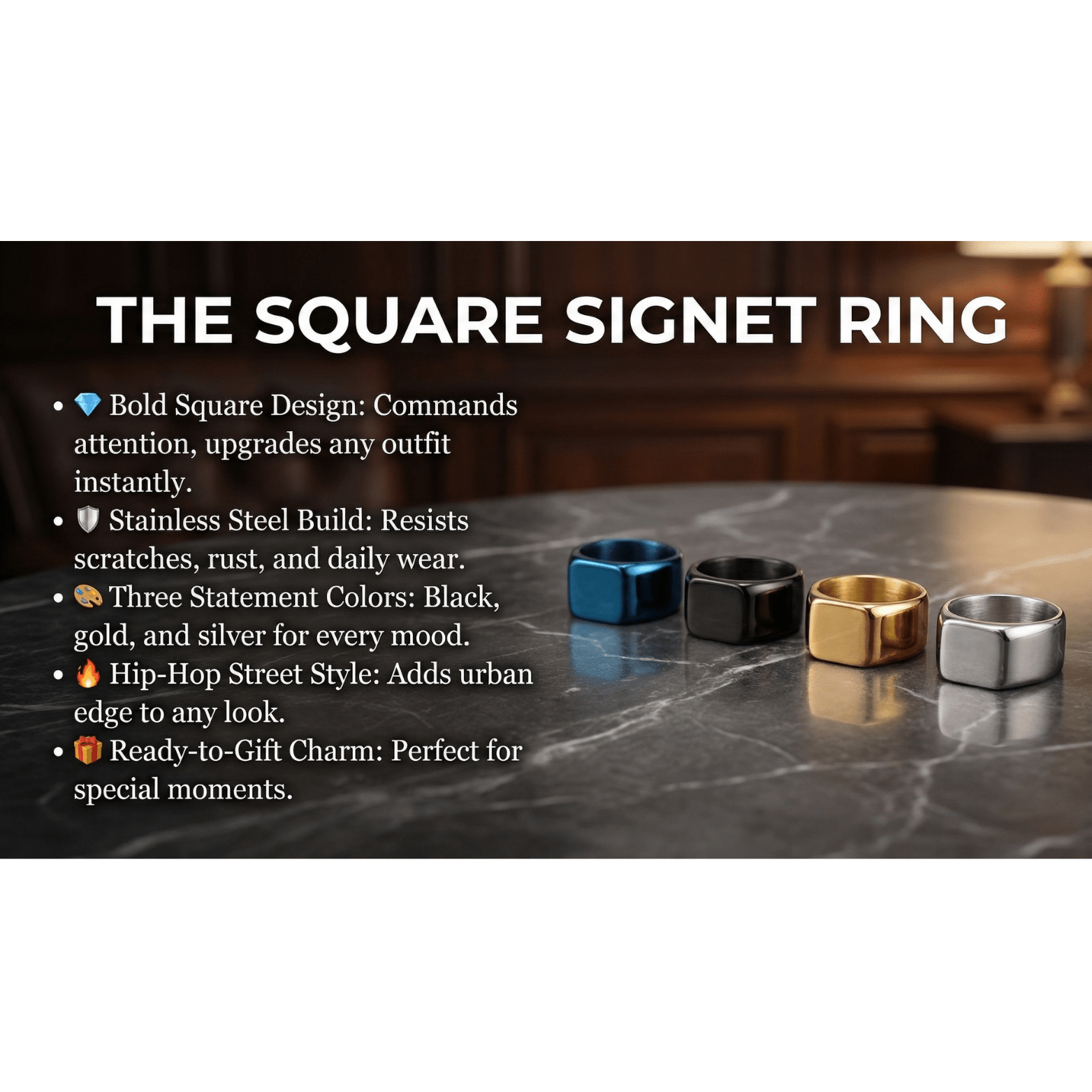 Square Stainless Steel Ring for Men – Black Gold Silver | The Crew - The Crew