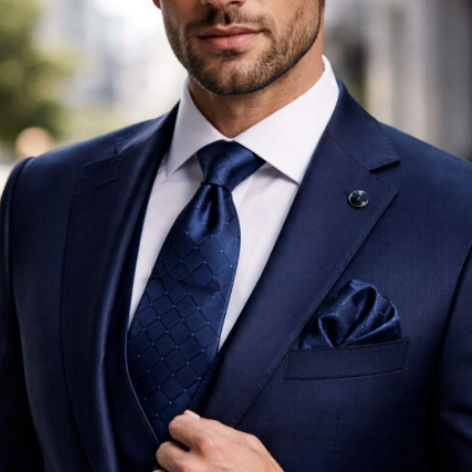 Business man wearing navy tie and pocket square set – The Crew