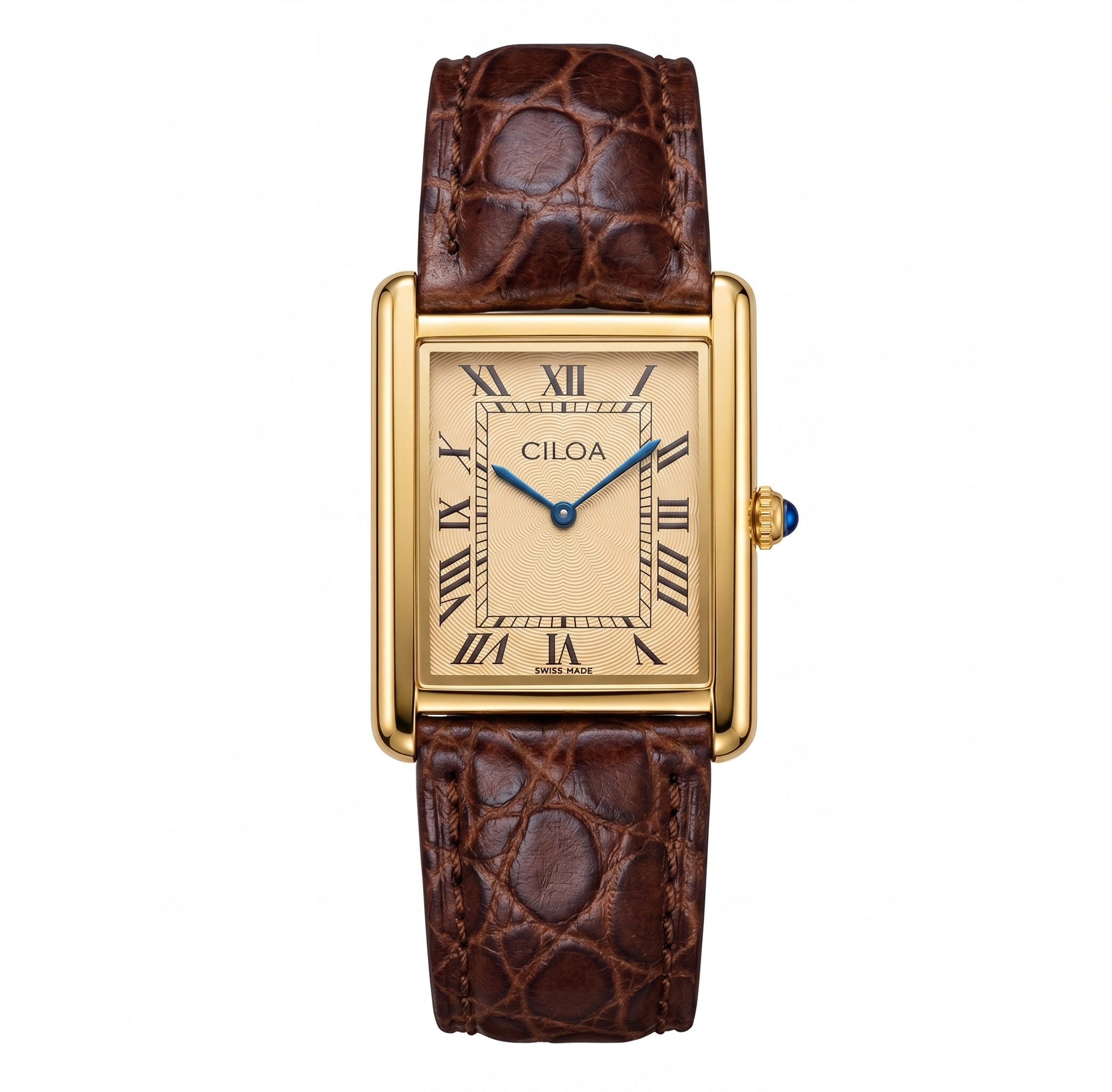 CILOA retro gold square watch for men featuring a cream guilloche dial with black Roman numerals, blue hands, and a brown alligator-embossed leather strap