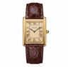 CILOA retro gold square watch for men featuring a cream guilloche dial with black Roman numerals, blue hands, and a brown alligator-embossed leather strap