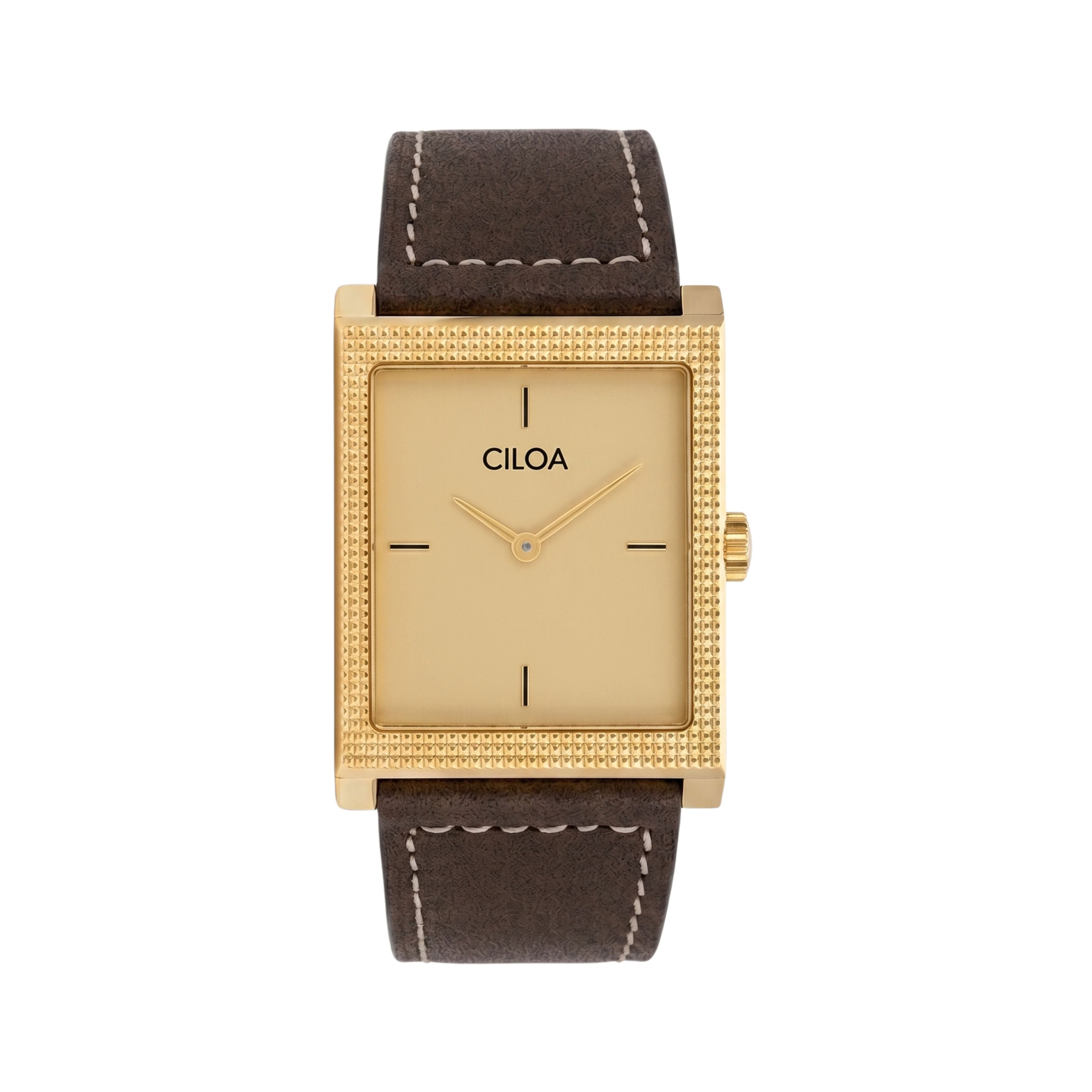 CILOA rectangular gold watch featuring a gold dial and a smooth dark brown leather strap on a white background.